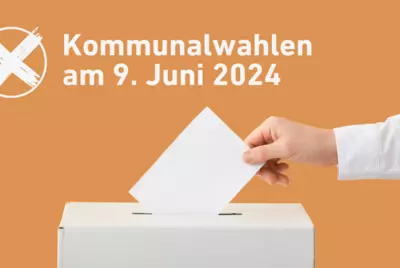 Person wirft Wahlschein in Wahlurne mit Titel „Kommunalwahlen 2024“. Grafik: Lpb BW 